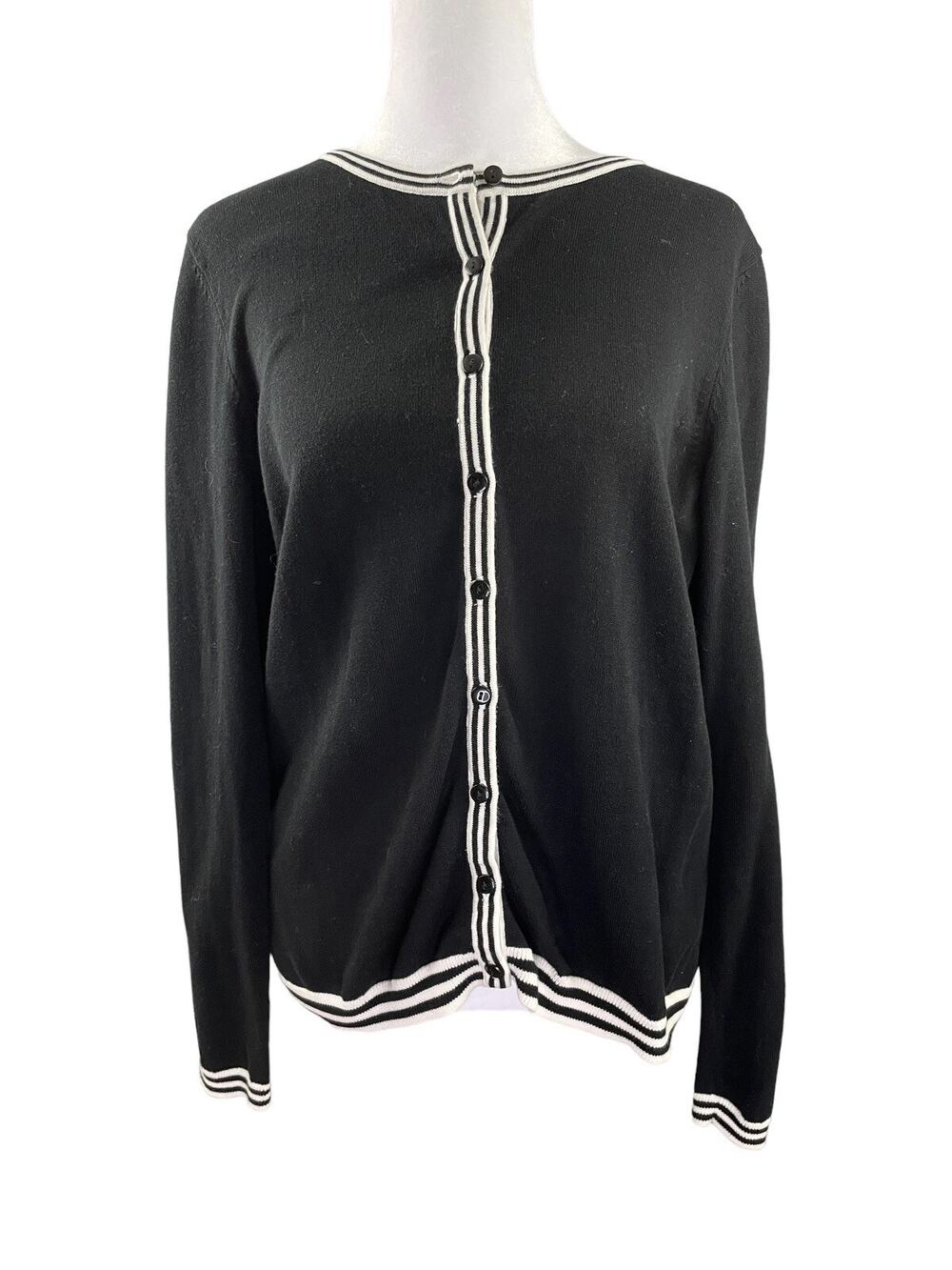 Talbots Large Cardigan Sweater Black White Stripe Trim Long Sleeve 100% Cotton